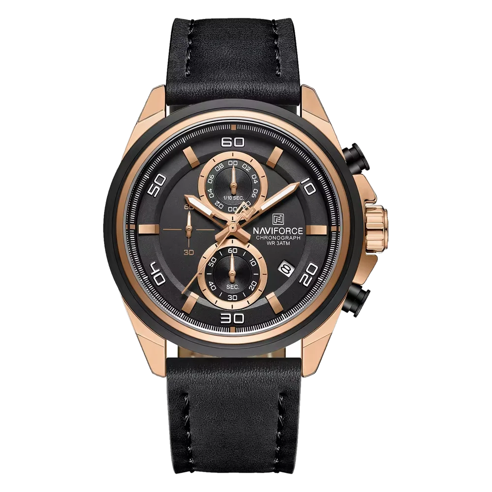 Naviforce NF 8075 – Rose Gold Black Chronograph Leather Watch
