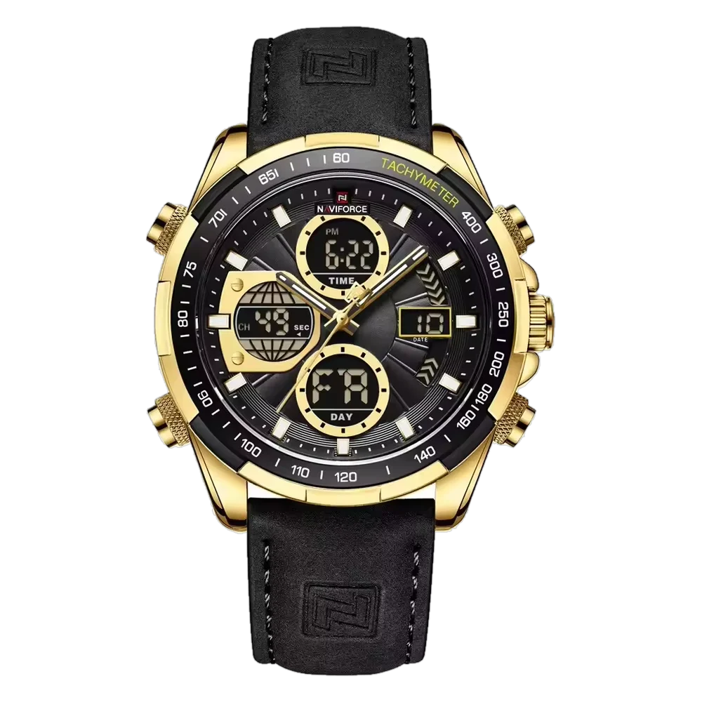 Naviforce NF 9197L – Gold Black Dual Time Leather Watch