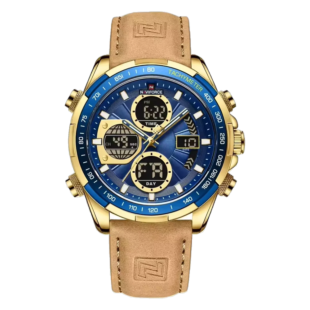 Naviforce NF 9197L – Gold Blue Dual Time Leather Watch