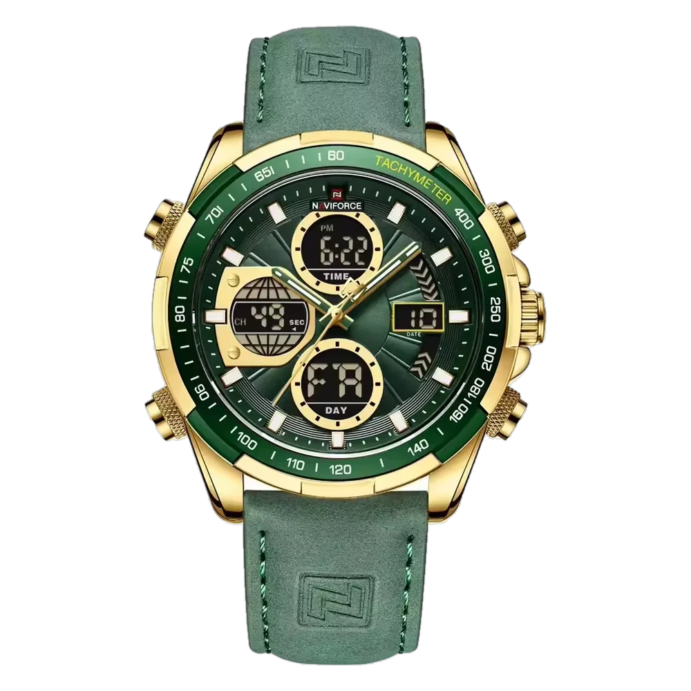 Naviforce NF 9197L – Gold Green Dual Time Leather Watch